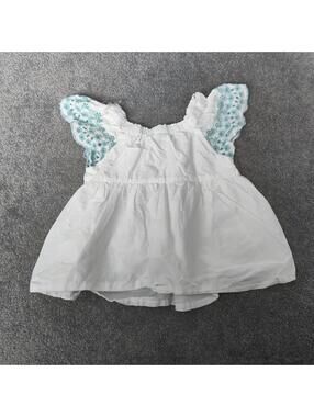 Joie Girls White Cotton Top with Aqua Embroidered Sleeves Size 7-8